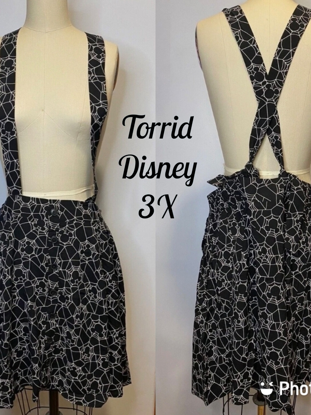 Spiderweb print dress with suspenders, size 3X,black white torrid Disney front